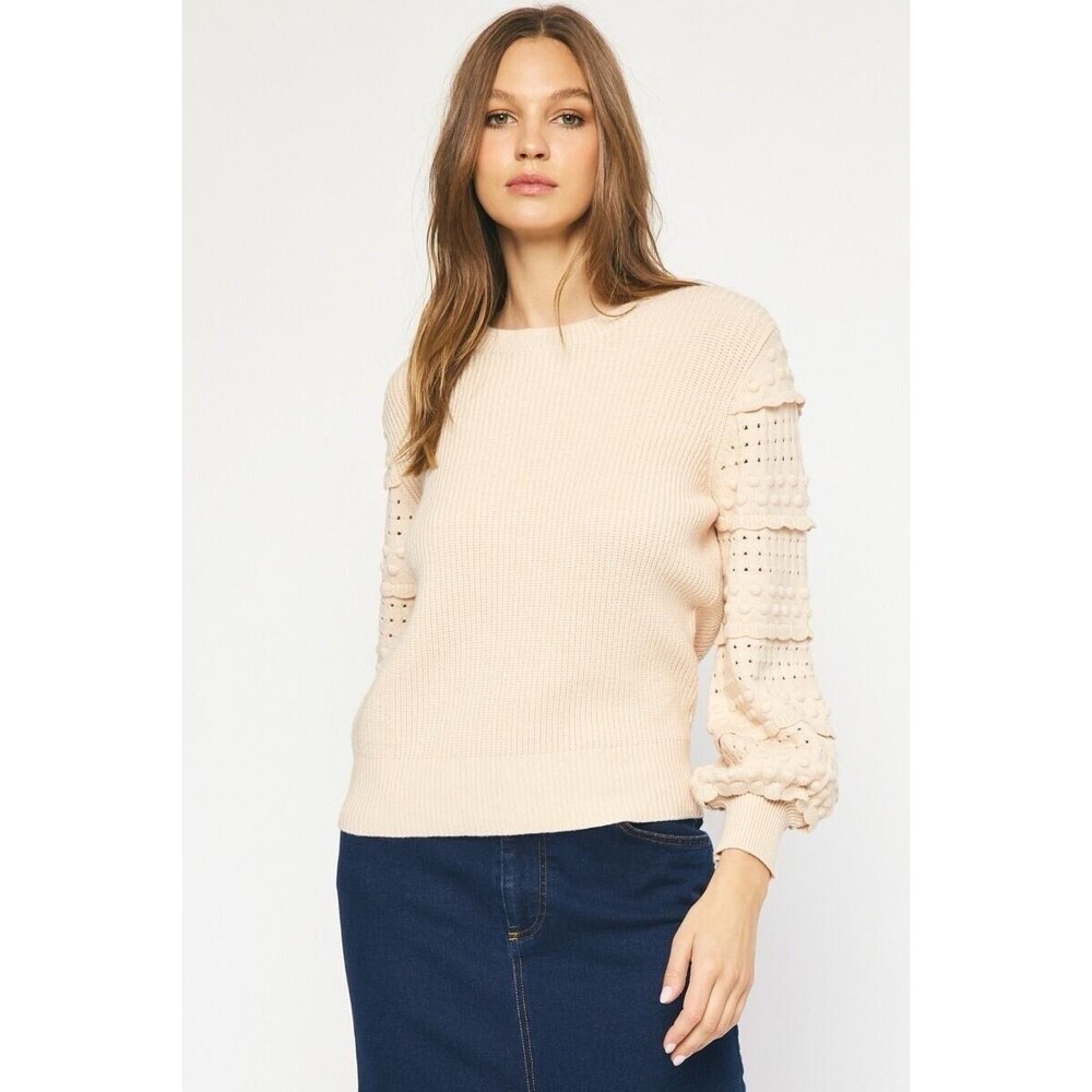 Entro Sweater Pullover Textured Ruffle Sleeve Peachy Tan Women’s L